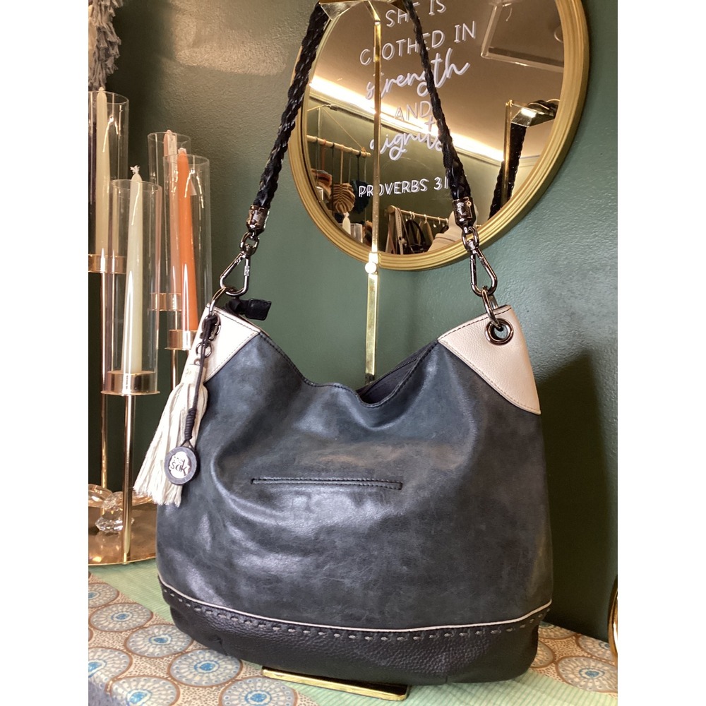 The Sak Tri-Tone Leather Hobo Bag Charcoal Grey Black Cream Braided Strap Tassel